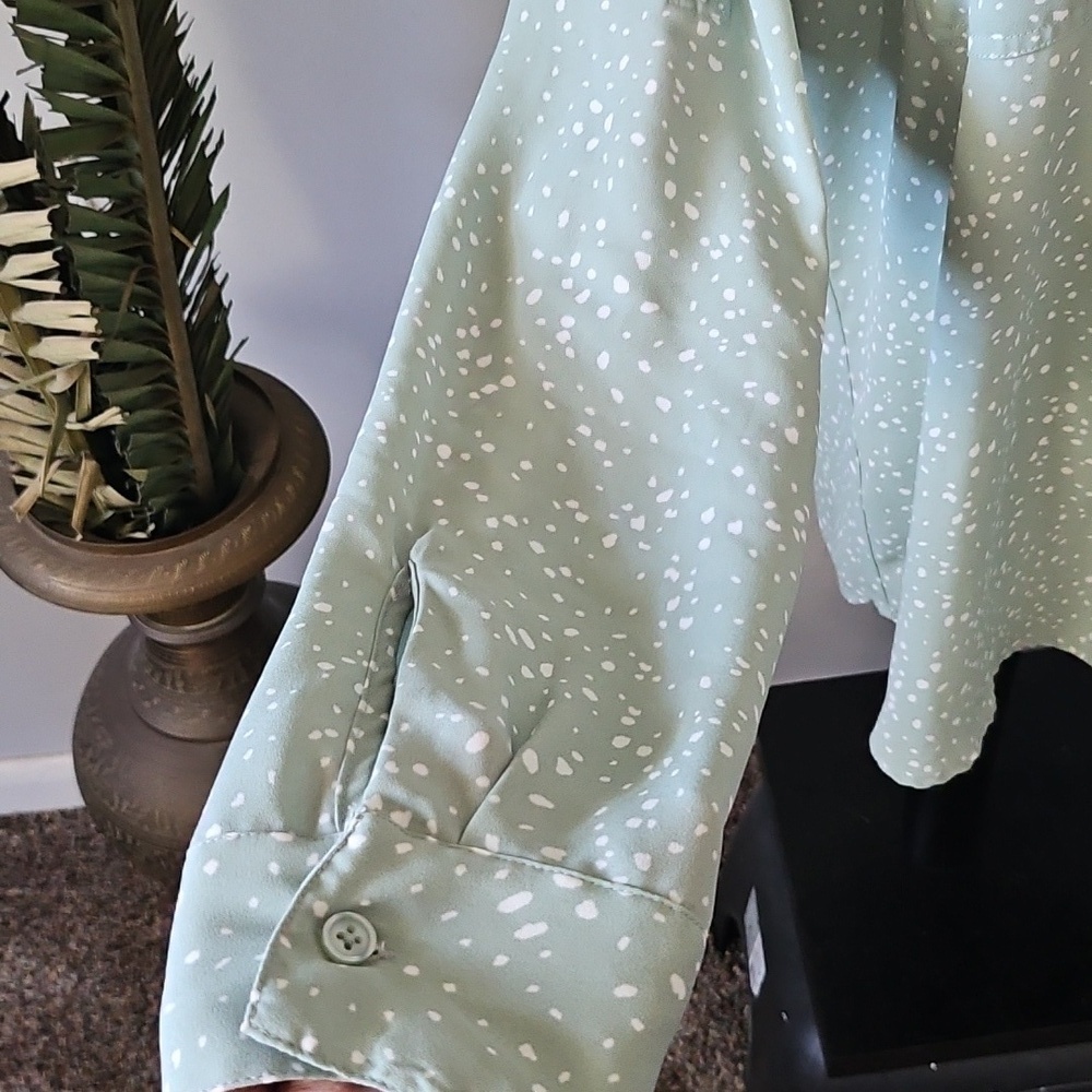 Maurices Sage Green and White Polka Dot Button Down Blouse - Picture 6 of 15